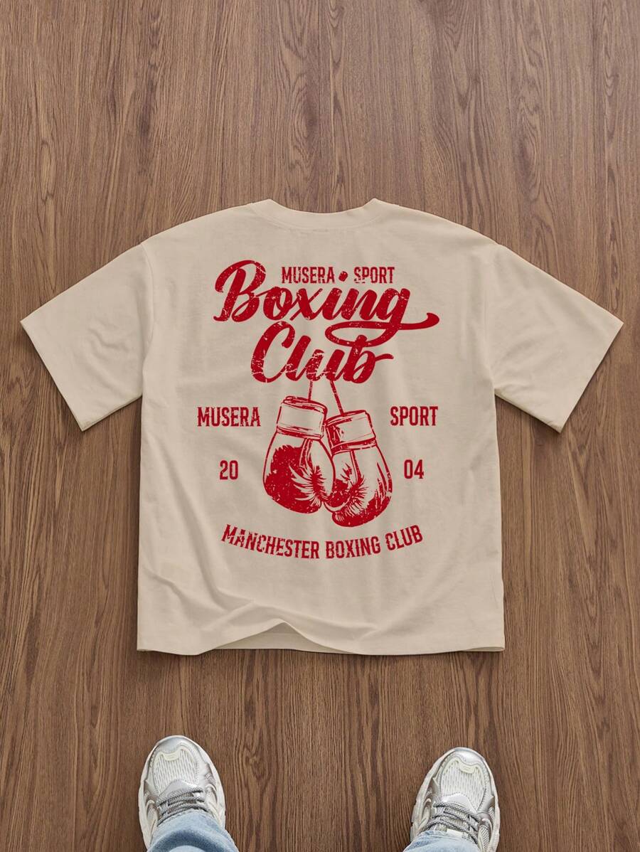 Manfinity EMRG Camiseta de manga corta holgada de color caqui con eslogan de boxeo impreso de moda casual para hombres
