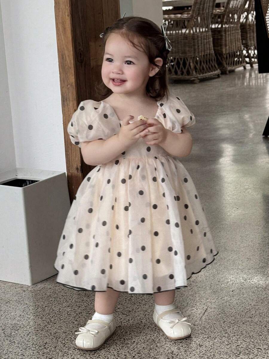 Hapijoa Toddler Girls' Cute Puff Sleeve Polka Dot Mid-Length Party Dress