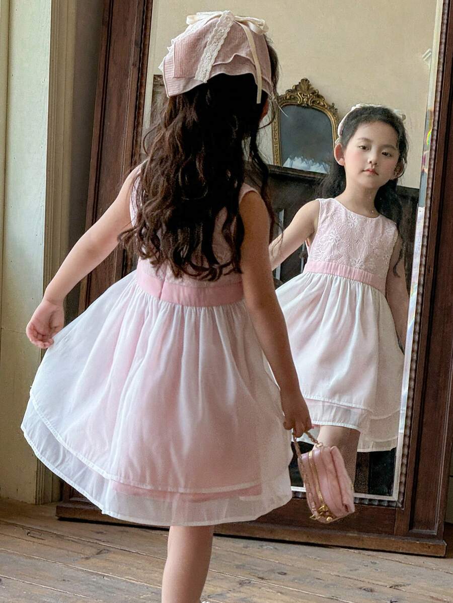 DAZY (Pequeno) Vestido de Festa de Aniversário Mid-Length Tulle com Gola Redonda e Floral, para Verão