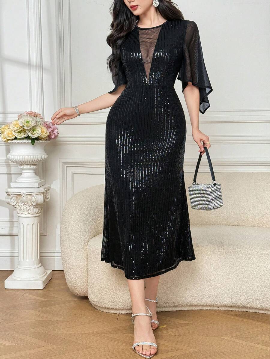 Joudiya Women's Solid Color Sequin Contrast Mesh Ruffle Trim Long Dress
