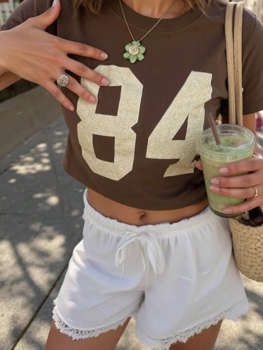 Women Short Fitted Casual Sport Number Jersey T-Shirt