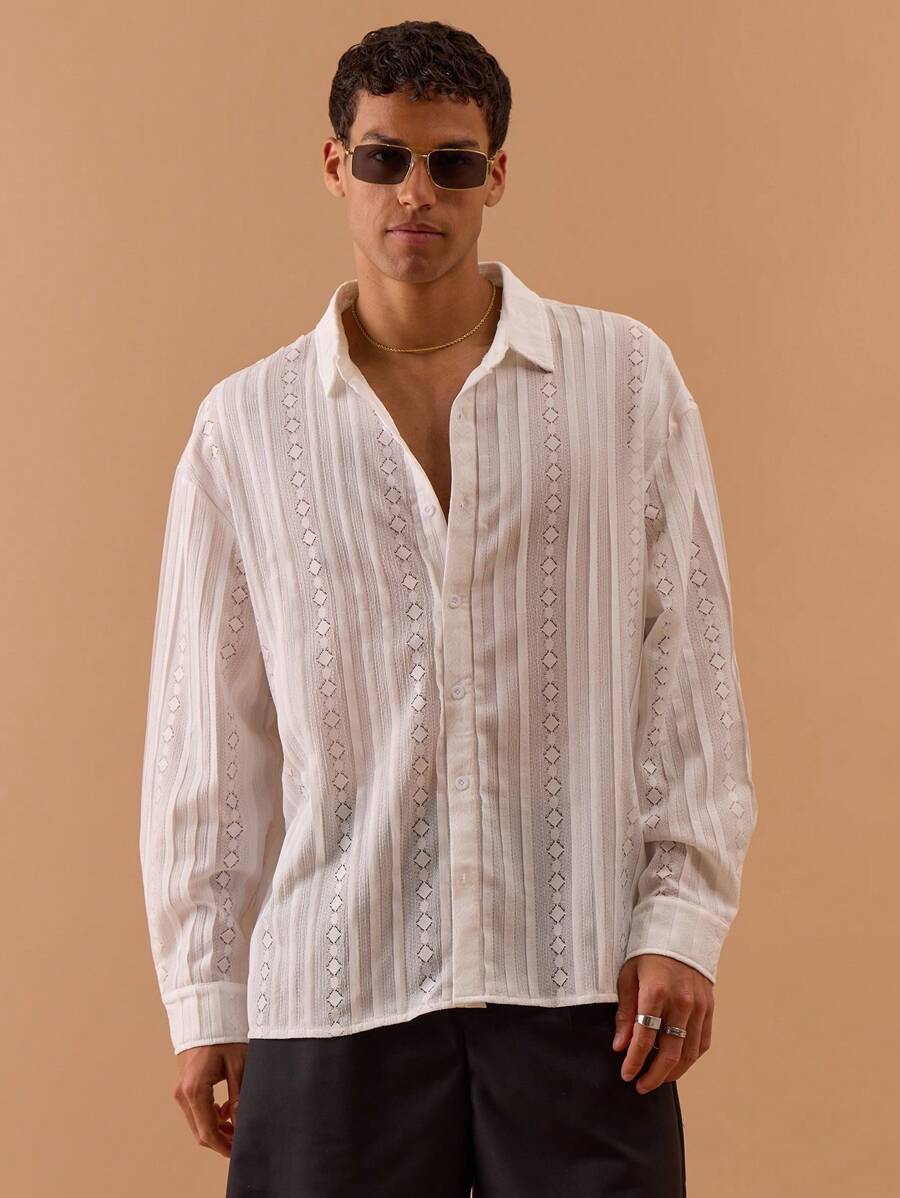 Musero Men Mesh Striped Oversized Long Sleeve Shirt Spring, Summer, Holiday, Vacation