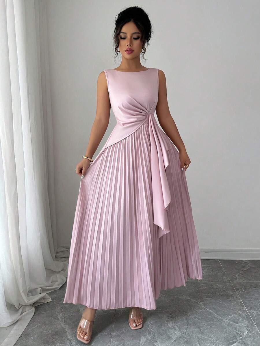 Elenzga Women's Pink Round Neck Sleeveless Ruched Waist Dress