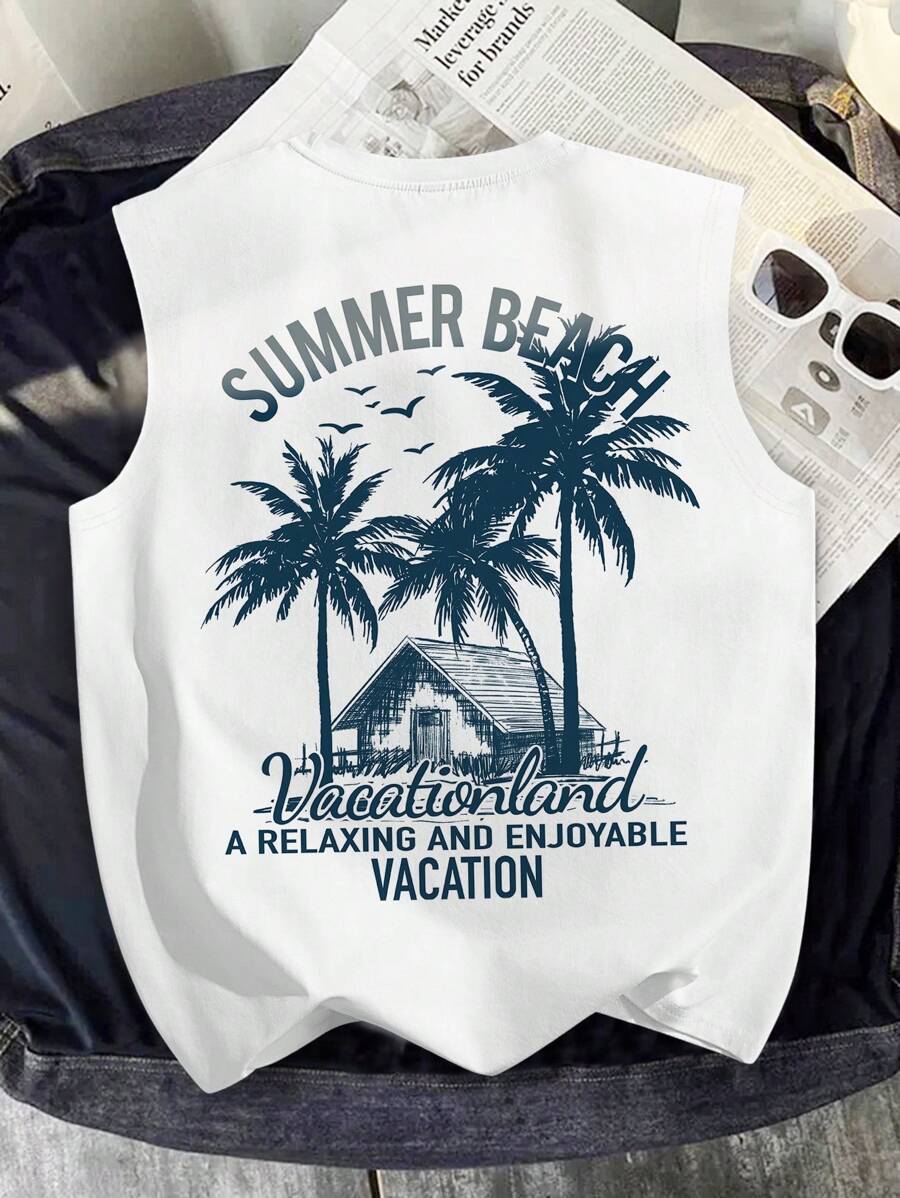 Manfinity Chillmode Camiseta de tirantes informal con estampado de palmeras para hombres de talla grande, ropa para vacaciones
