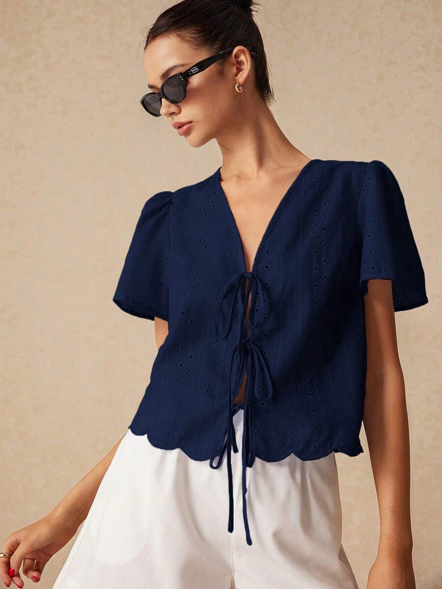 Poéselle Women's Summer Plain Tie-Front Short Puff Sleeve Blouse