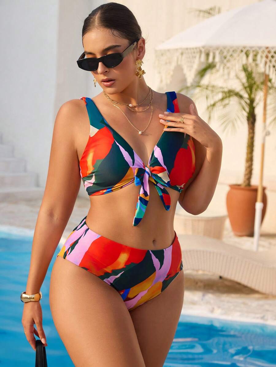Swim Vcay 1 Set Traje de baño de bikini con diseño serigráfico aleatorio, sexy y atado adelante, para vacaciones en la playa, talla grande para mujer