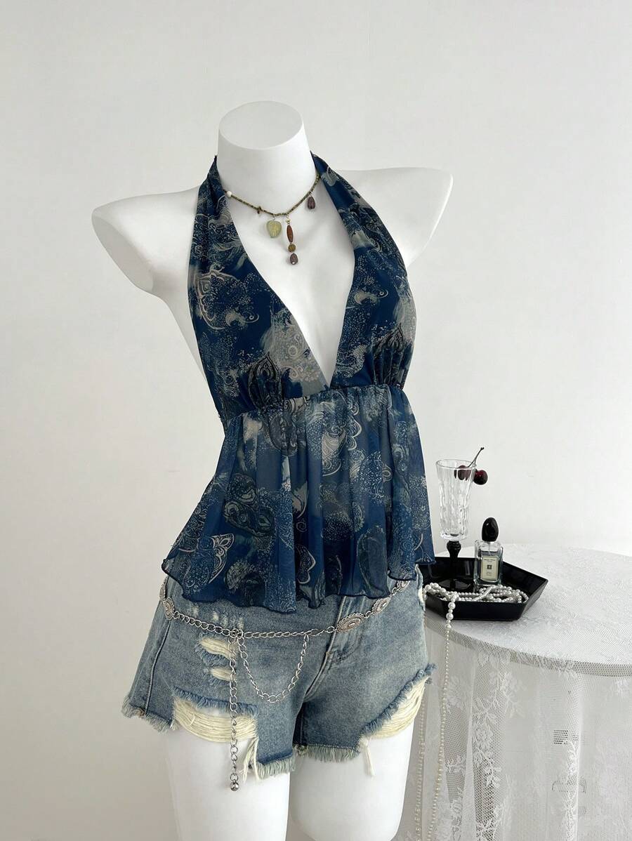 Elamini Women's Retro Print V-Neck Halter Tie Back Vest, Suitable For Spring & Summer Vacation