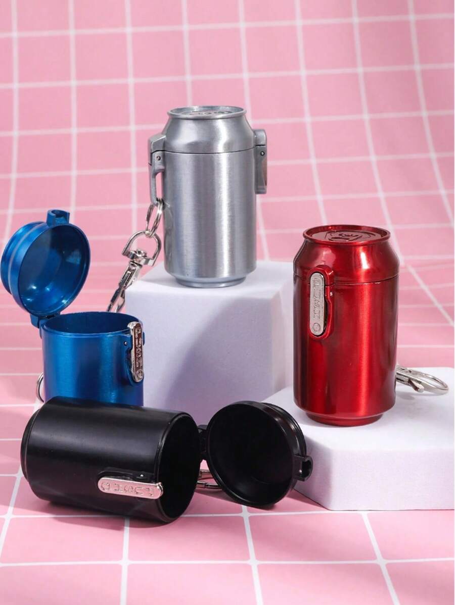 SHEIN 1 pieza Cenicero portátil con forma de lata metálica y tapa abatible, con llavero, adecuado para uso al aire libre, en el hogar y en el coche, regalo de cenicero, artículos de graduación
