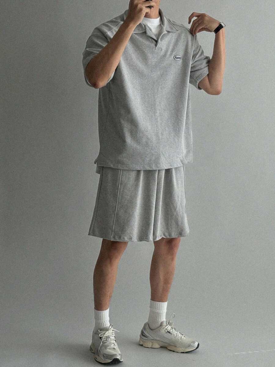 DAZY Conjunto de camiseta polo gris para hombres con bordado de letra, para verano