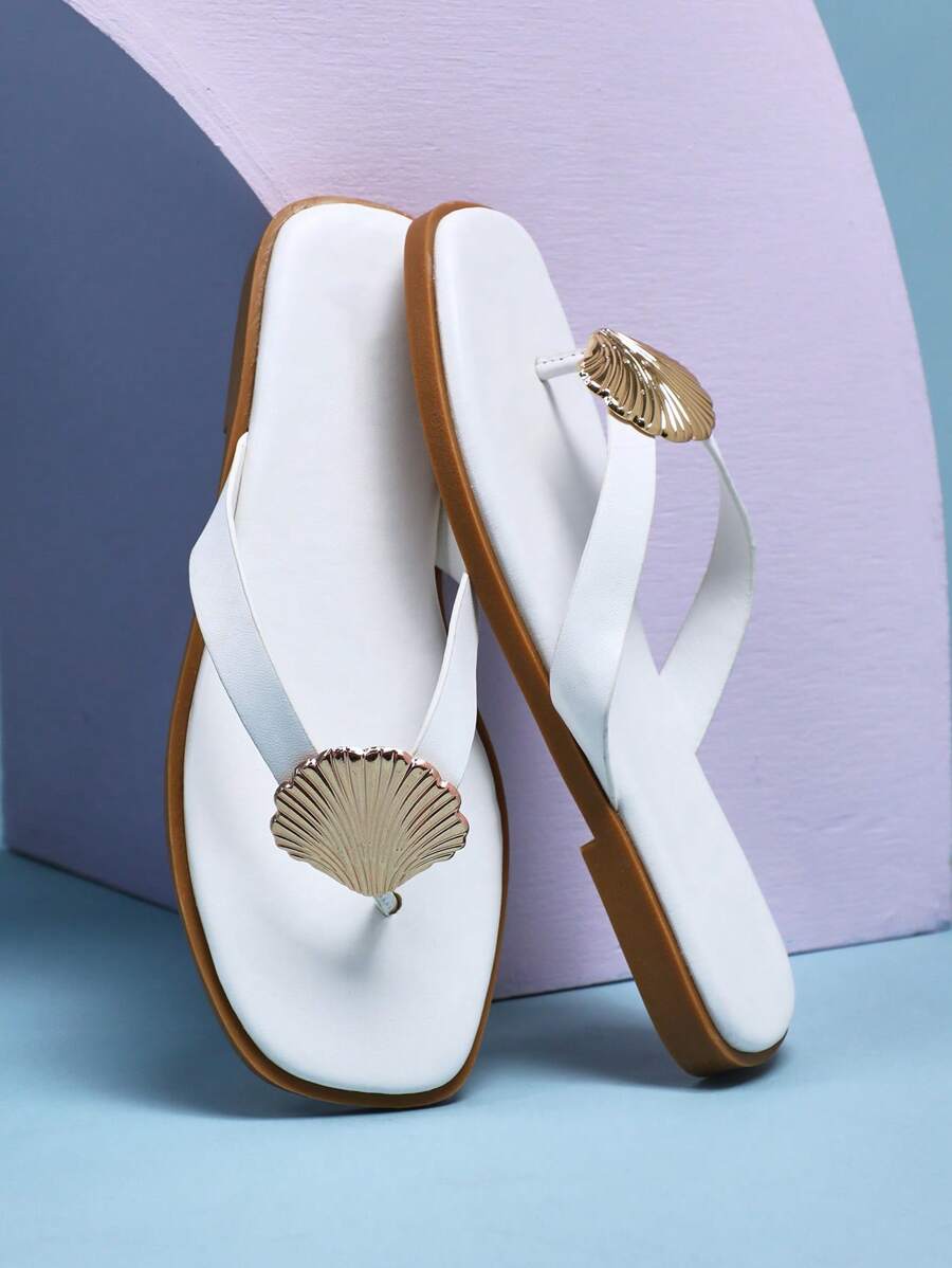 Mini mi Kids' Square-Toe Shell Charms White Pu Seaside Thong Sandals| Ocean-Inspired Play-To-Pool Flip-Flops
