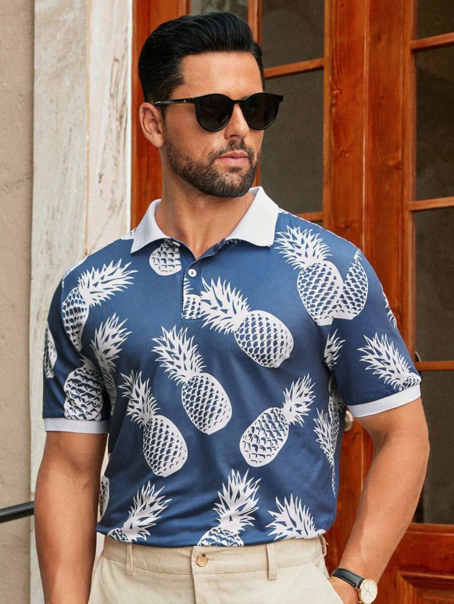 HIMLAND Men's Casual Pineapple Print Fitted Shoulder Polo Shirt, Short Sleeve Tropical Shirts For Men
