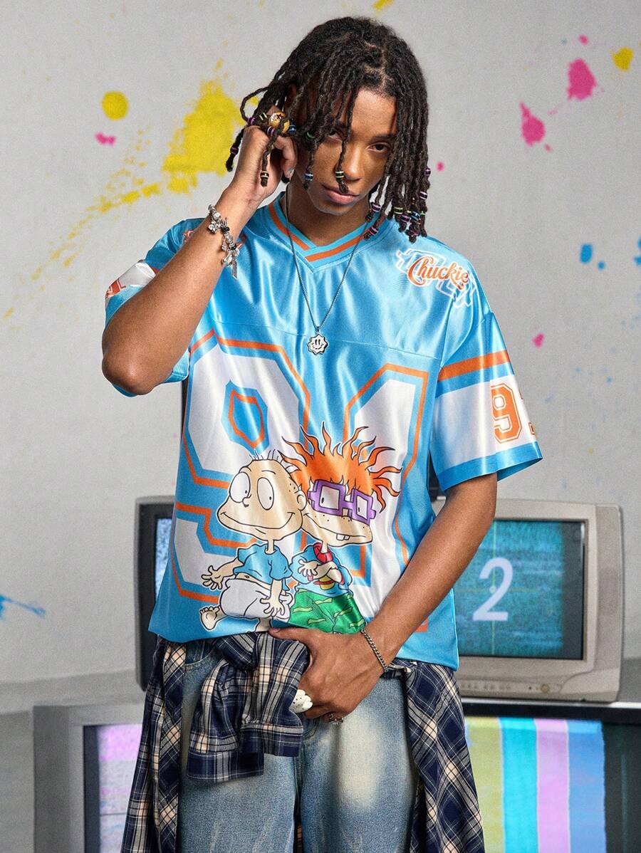 ROMWE MEN Nick 90's X ROMWE Camiseta de manga corta de estilo deportivo casual y de moda con estampado de dibujos animados para hombre