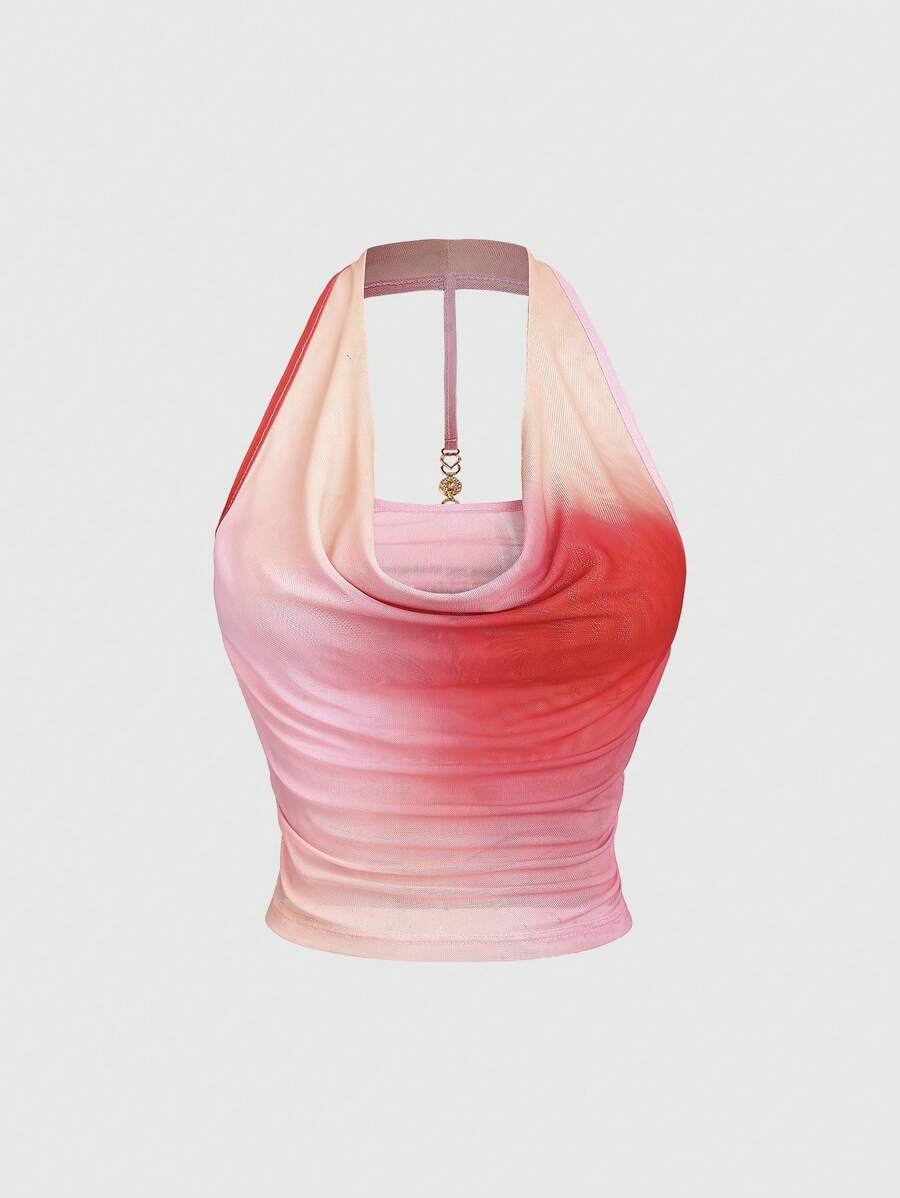 Sweetra Blusa de diseño con cuello con lazo, cintura fruncida, espalda descubierta y decoración metálica, con estampado teñido anudado por toda la prenda, adecuada para viajes y vacaciones