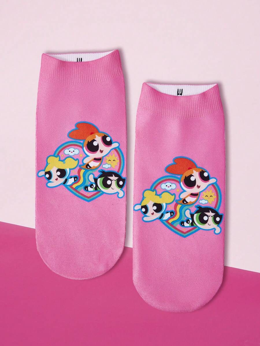 THE POWERPUFF GIRLS X SHEIN 1 Paar Rosa Knöchelsocken mit niedlichem Blüten, Blasen und Butterblumen Muster