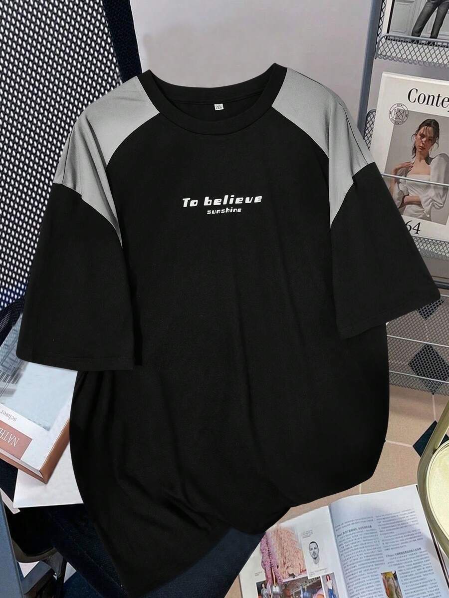 Manfinity Hypemode Camiseta de manga corta de talla grande para hombres con bloqueo de color e impresión de letras