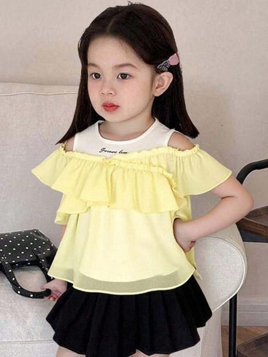 Young Girl Letter Graphic Asymmetrical Sleeve 2 In 1 Pearl Chiffon Panel T-Shirt Top, Summer