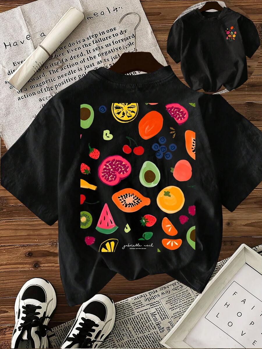 INAWLY Summer Casual Fruit Pattern Round Neck Short Sleeve T-Shirt