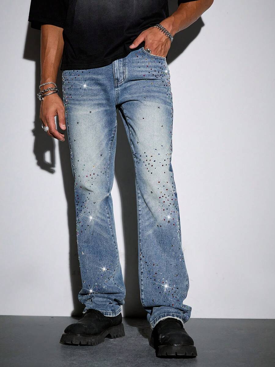 ROMWE MEN Street Life Men's Street Life Stacked Diamond Embellished Flared Jeans