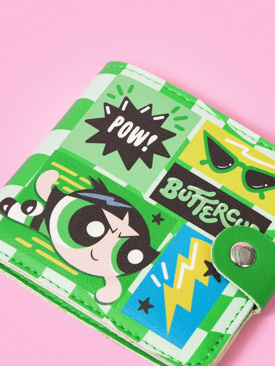 THE POWERPUFF GIRLS X SHEIN Green Cartoon Wavy Plaid Lightning Print Cute Wallet