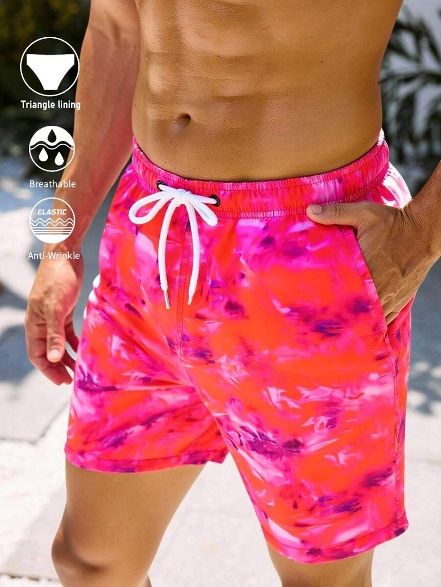 Manfinity VDAYZ Men's Tie Dye Print Pocketed Drawstring Waist Beach Shorts, Suitable For Summer, Hawaiian