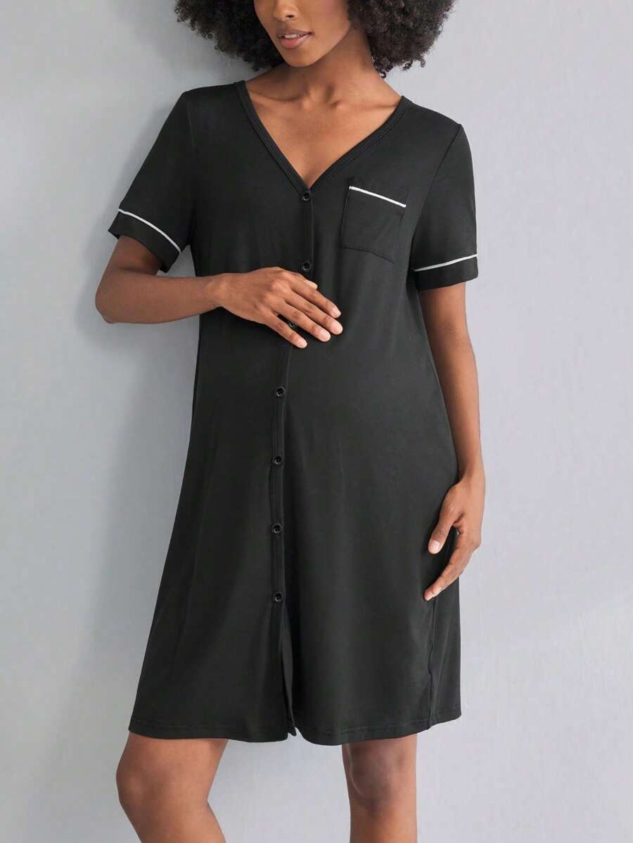 BloomMama Umstandsnachthemd mit kurzen Ärmeln und Knöpfen, modische Loungewear Nachtwäsche Pyjama Kleid Schlafshirt