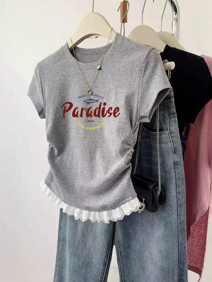 New Lace Trim Short Sleeve Casual Fitted Waist Women T-Shirt Top In Summer