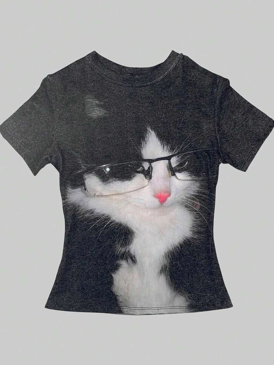 INAWLY Sexy Cute Cat Print Short Y2K Style Summer Women Casual T-Shirt