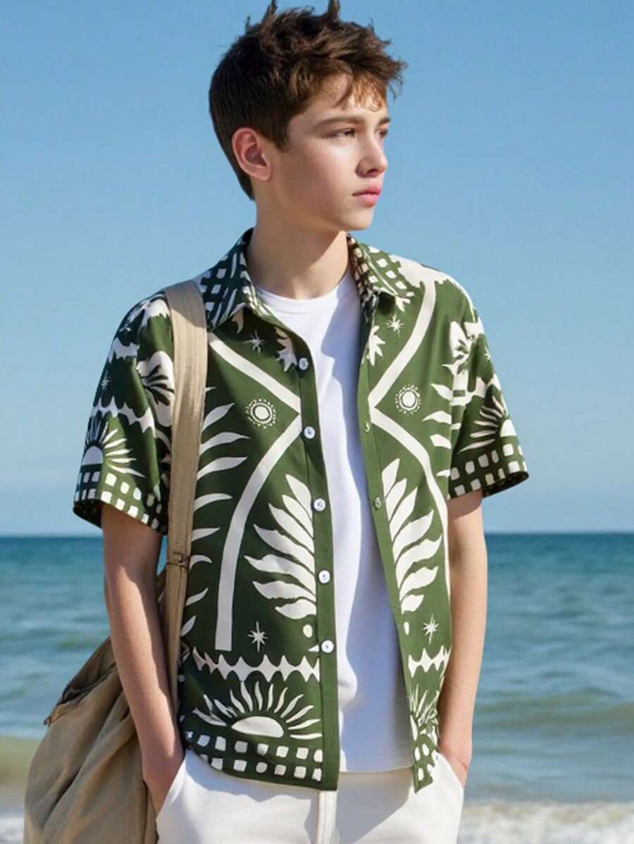 Camisa de manga corta con botones y estampado geométrico para niño adolescente