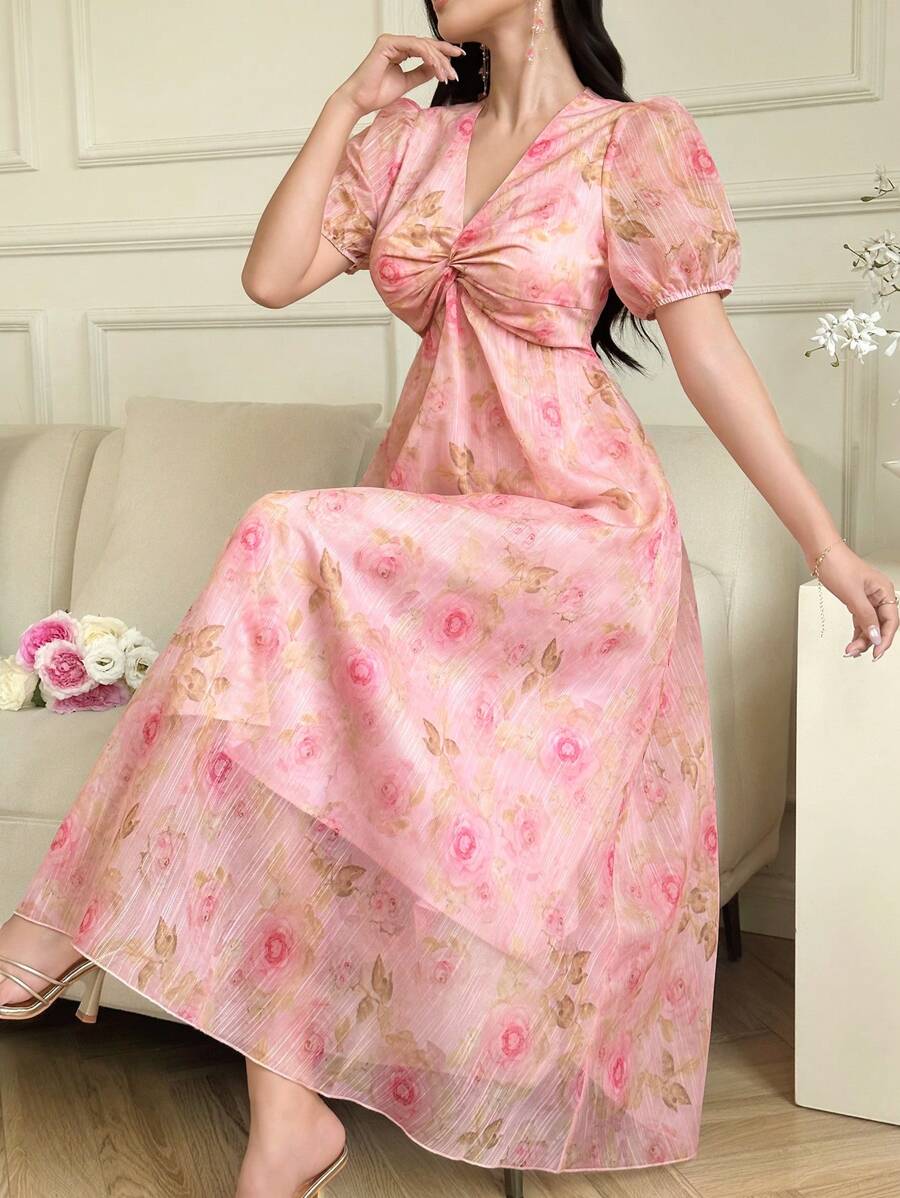 Modelyn Women V-Neck Short Sleeve Floral Print Mid-Calf Length Dress
