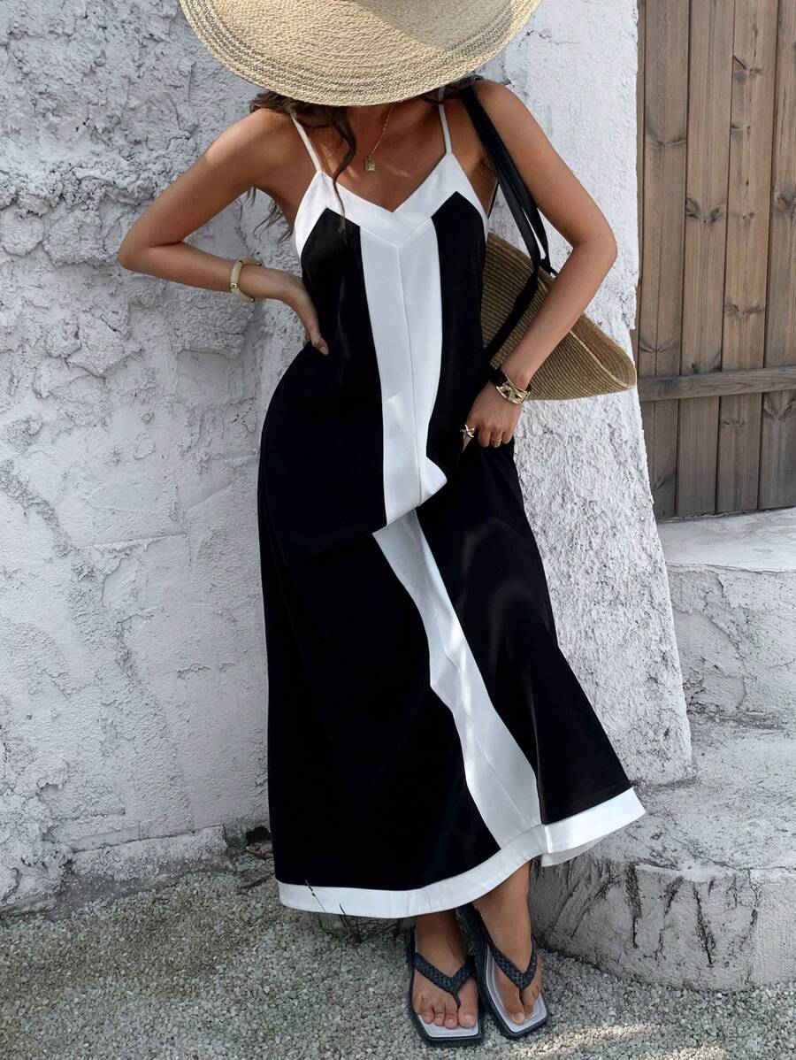 Strévra Abito lungo da donna senza maniche, patchwork, vestiti casual da donna
