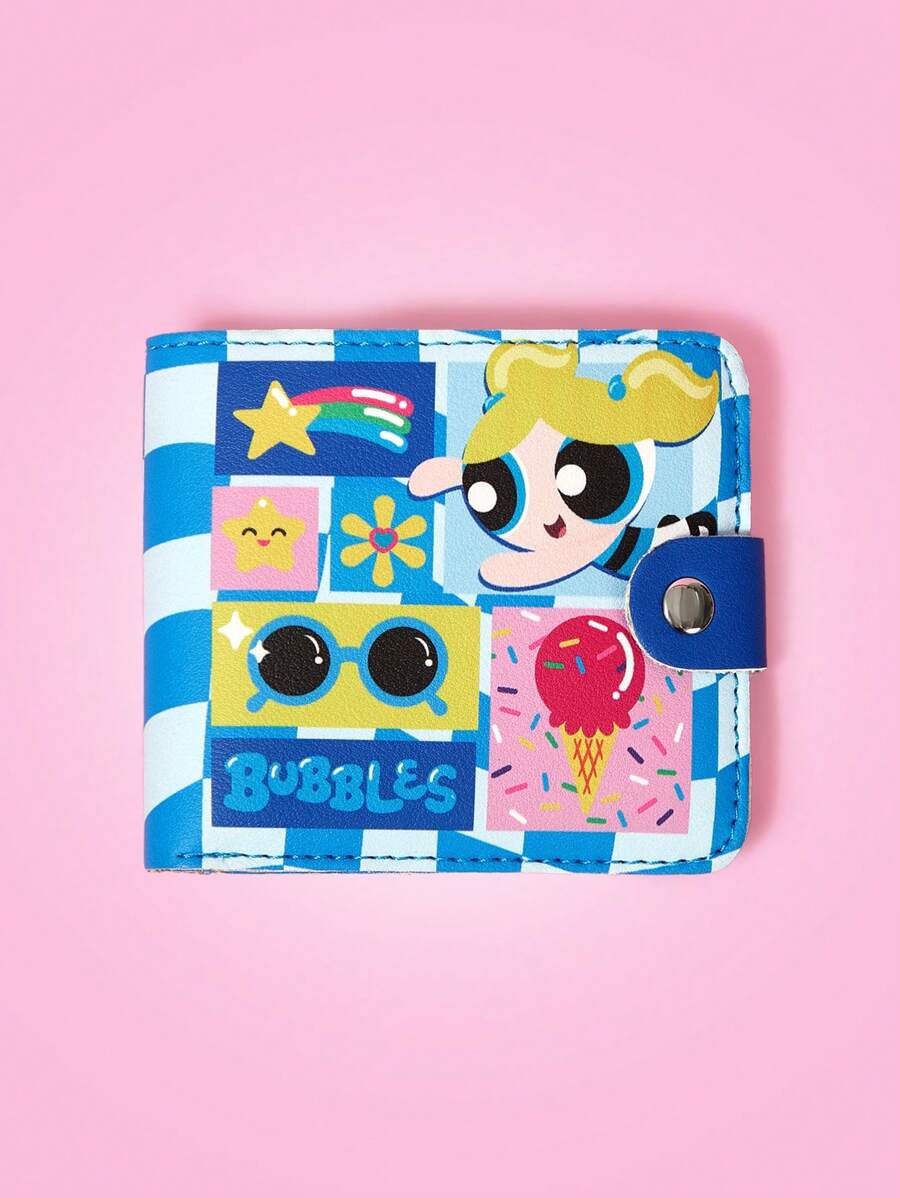 THE POWERPUFF GIRLS X SHEIN Bubbles Pattern Light Blue Curved Check Fashionable Summer Wallet