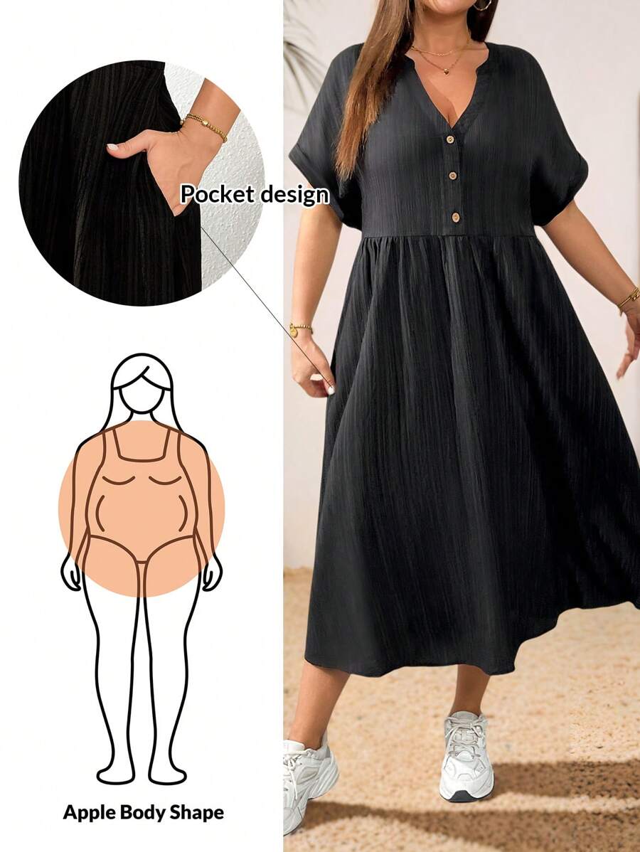 SHEIN Essnce Vestido de talla grande para mujer, de primavera y verano, de estilo casual, holgado y cómodo, de diario, con textura negra, cuello en V, manga corta, largo medio, con bolsillos, atuendos de verano para mujeres, vestido de trabajo, vestido negro curvilíneo, ropa de iglesia para mujeres