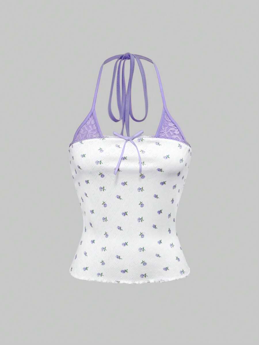 ROMWE Kawaii Camiseta sin tirantes con estampado floral diminuto y encaje con lazo frontal, diseño lindo y veraniego para mujeres