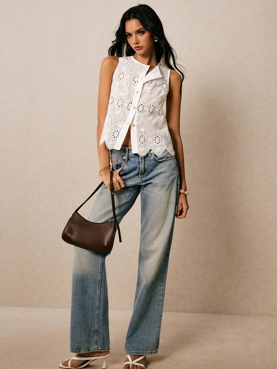 Poéselle Women's White Embroidered Round Neck Sleeveless Button Front Vest Blouse,Summer Tops,Going Out Tops Women,Cute Summer Top,Vacation Outfits Woman,Old Money