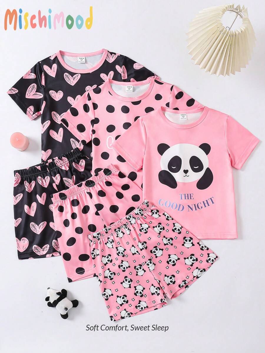 SHEIN 6-delige pyjamaset met korte mouwen en schattige katten- en stippenprint voor meisjes