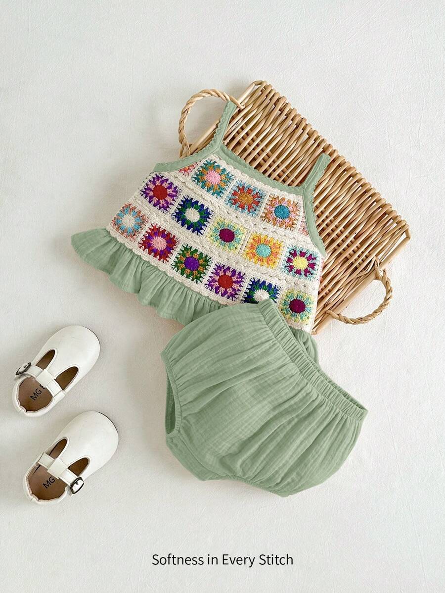 Cozy Pixies 2pcs Baby Girl Colorful Crochet Trim Camisole Top With Ruffled Hem And Cute Floral Shorts Set, Casual Korean Style, Suitable For Summer Home, Travel And Vacation Wear
