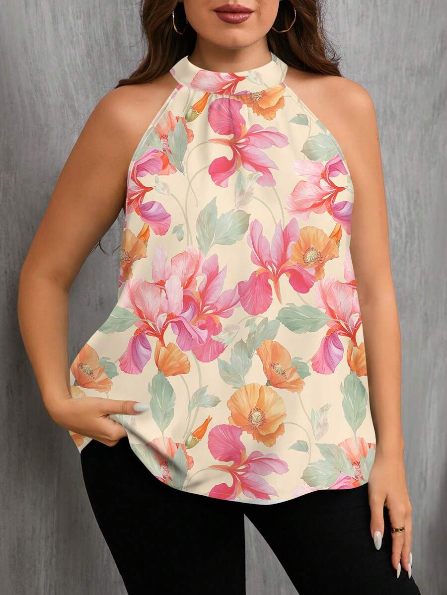 Modelyn Blusa smanicata con colletto alla coreana e stampa floreale, adatta per l'estate, disponibile in taglie comode