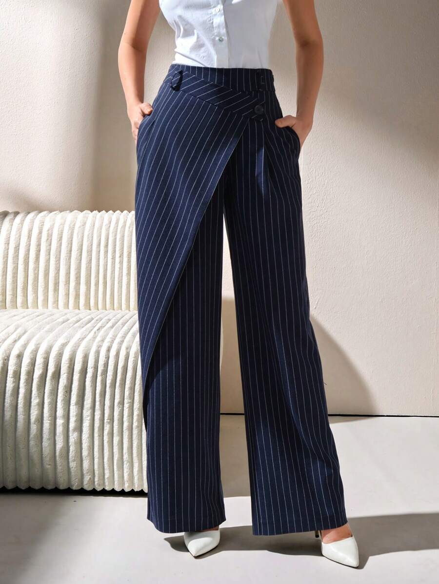 CLARA VERO Pantalones de pierna ancha con rayas azules marinas y detalles de botones para mujer