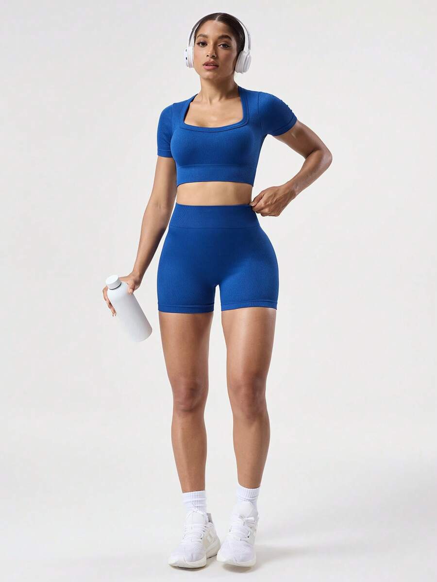 Seamluxe SHEIN Sport 2 pezzi Set di abbigliamento sportivo di base in tessuto che assorbe l'umidità, a costine, con scollo a equipaggio, adatto per fitness e allenamento yoga, colore blu navy, per donne