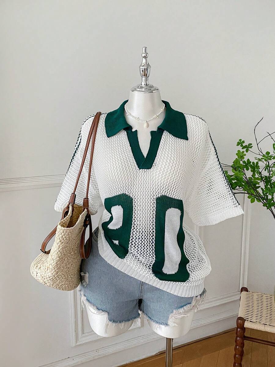Comfortcana Plus Size Women Casual Openwork Knit Short Sleeve Top,Holiday Outfits,Summer,Going Out Tops, Vintage Tops Women, Preppy Tops,Beach,Vacation,Green And White,European Summer,Streetwear,Graphic Tees
