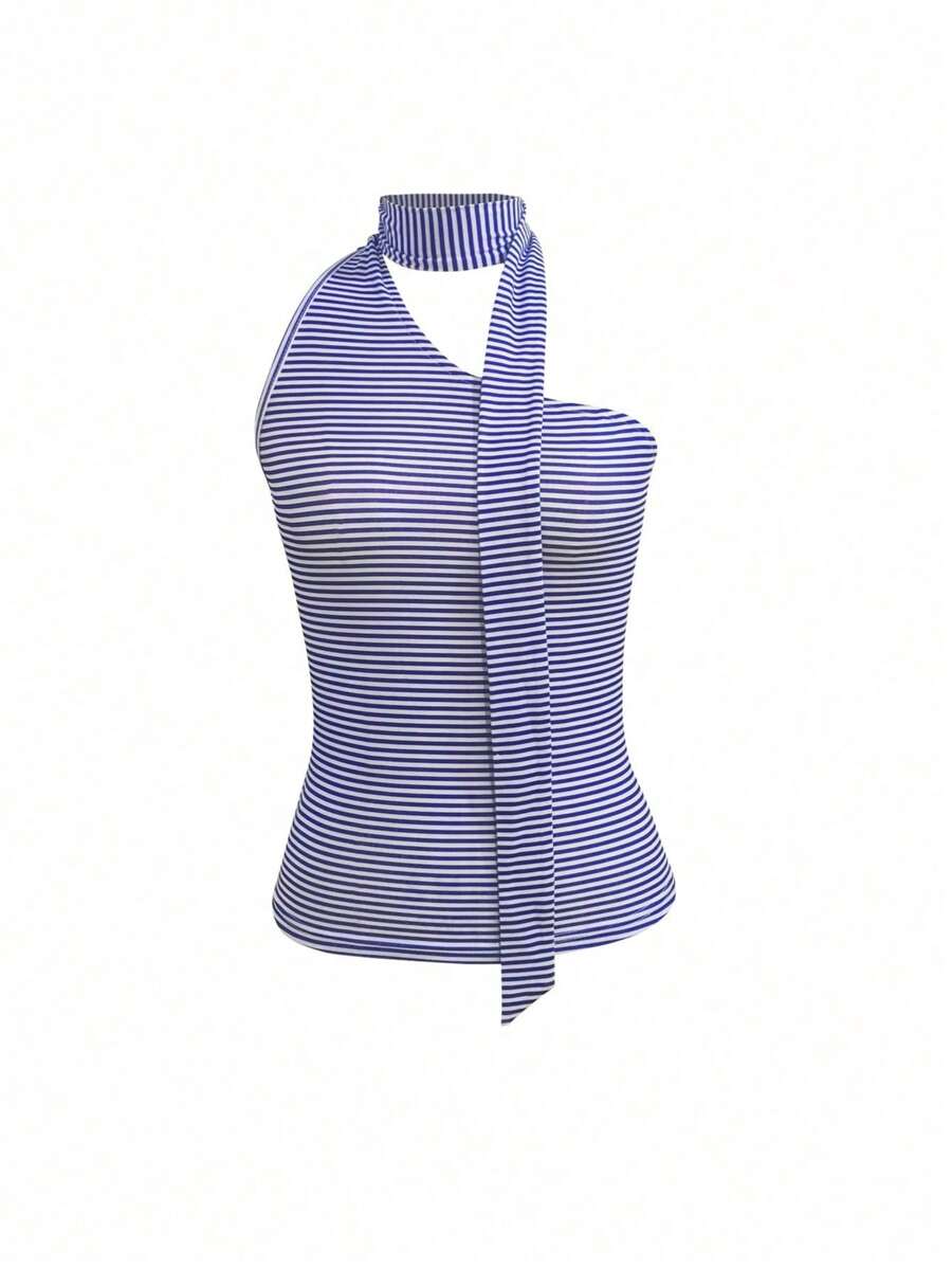 SHEIN Women Casual Striped Sleeveless One Shoulder Blouse Top, Summer