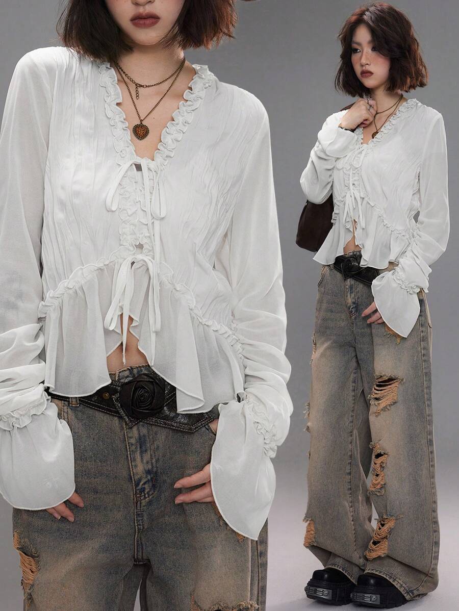Coolane Women's Spring/Summer Date Night Concert Streetwear Textured Pleated Ruffle Blouses