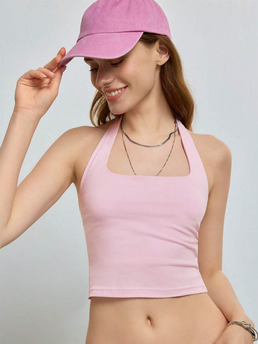 INAWLY Women's Summer Casual Solid Color Halter Neck Backless Crop Top