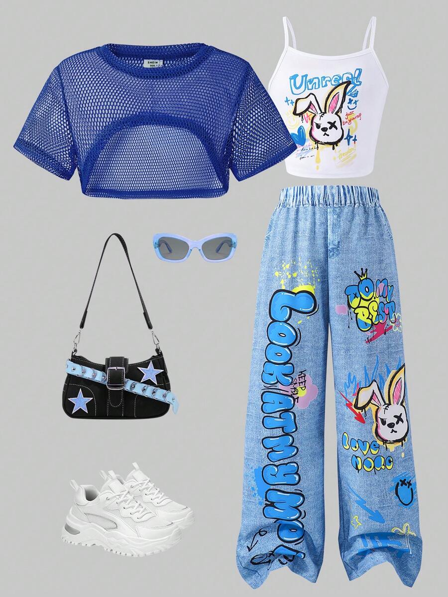 SHEIN 3-teiliges Mädchen Set aus einfarbigem Crop Top, Tanktop mit Häschenprint und Hose mit Denim-Optik und Häschenprint