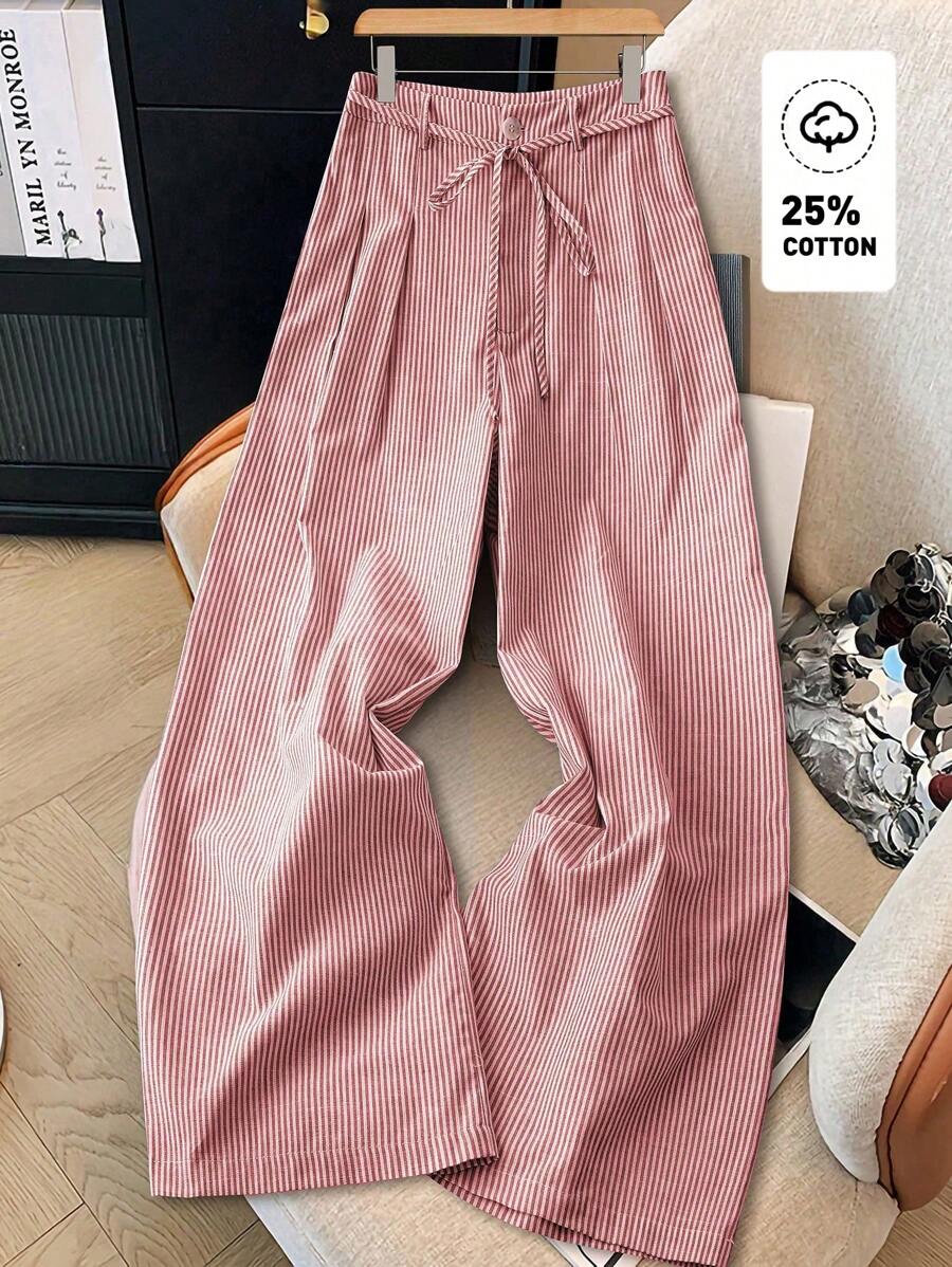 Chiquease Women's Casual Blue Striped Bamboo Knot Design Wide Leg Pants, Spring/Summer