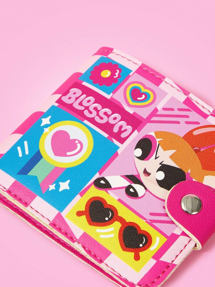 THE POWERPUFF GIRLS X SHEIN Cartoon Pattern Pink Checkerboard Cartoon Design Women Wallet