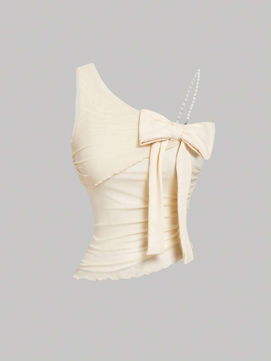 SHEIN MOD Blusa asimétrica de color albaricoque con lazo en el hombro, tirantes con cuentas y cintura ciñida con bajo asimétrico