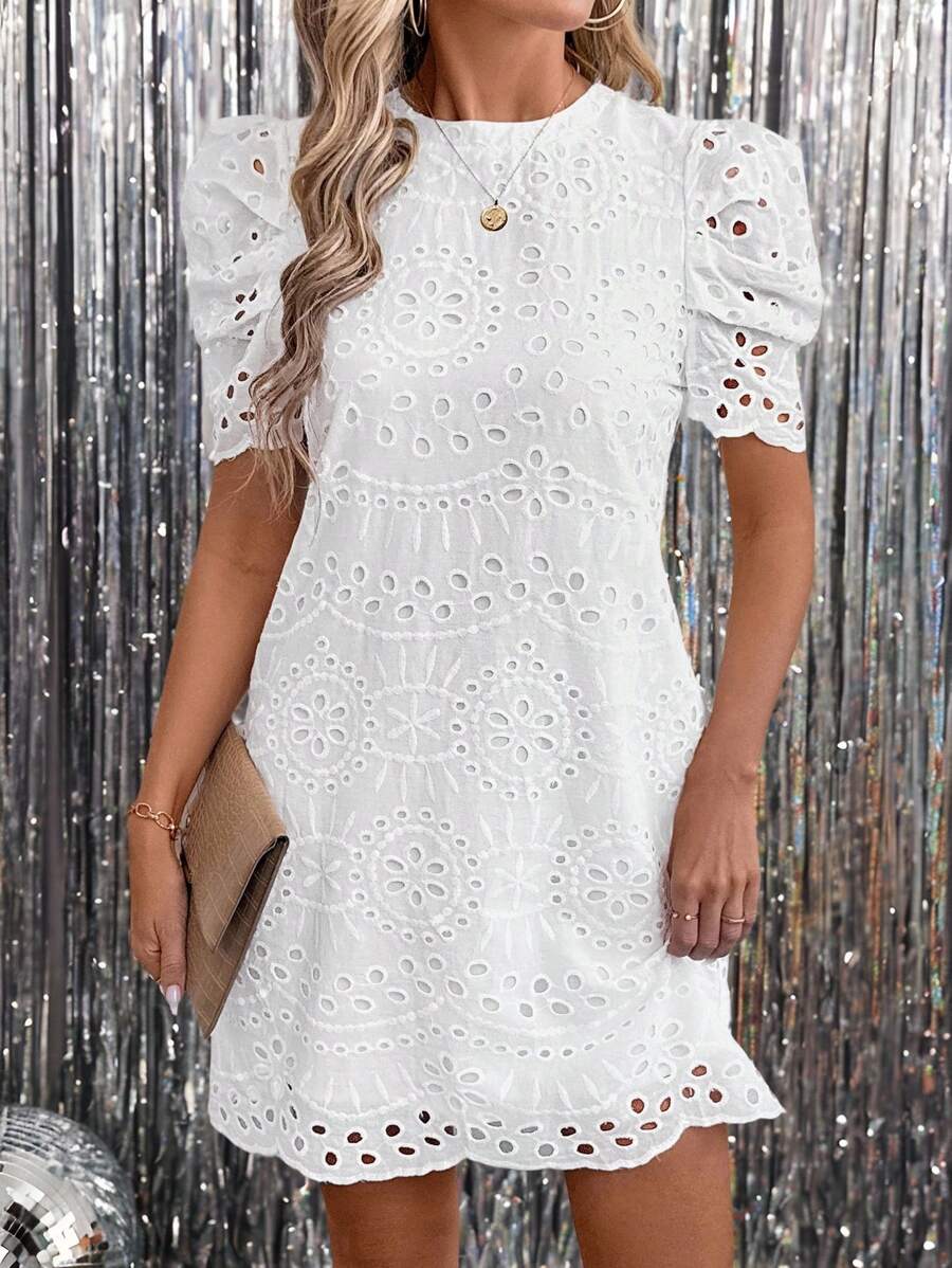 SHEIN Clasi Embroidered White Fabric Round Neck Puff Sleeve Short Sleeve Crop Fitted Dress For Women Vacation Outfits Woman Summer Outfits For Women Summer Dresses For Women White Dress