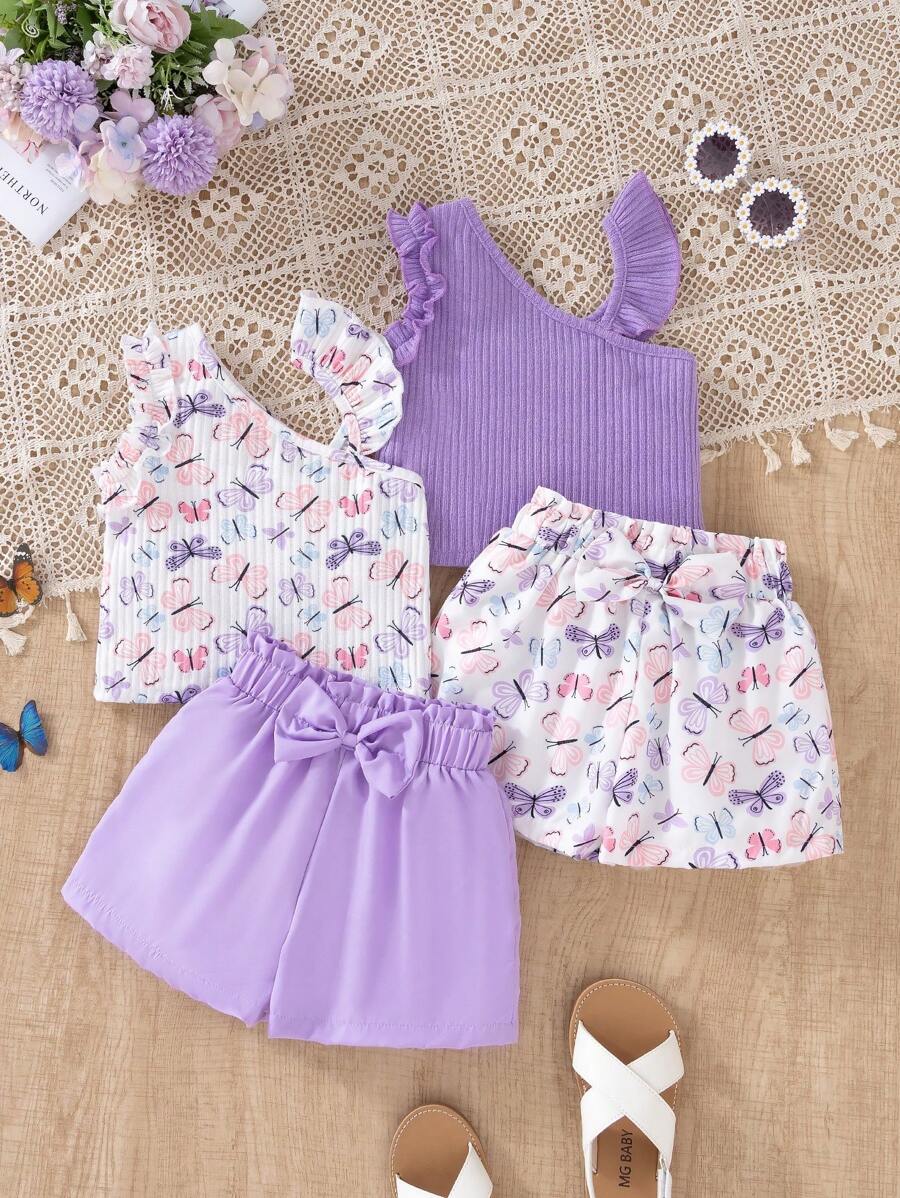 Conjunto de blusa con cuello asimétrico con volantes y shorts para niña