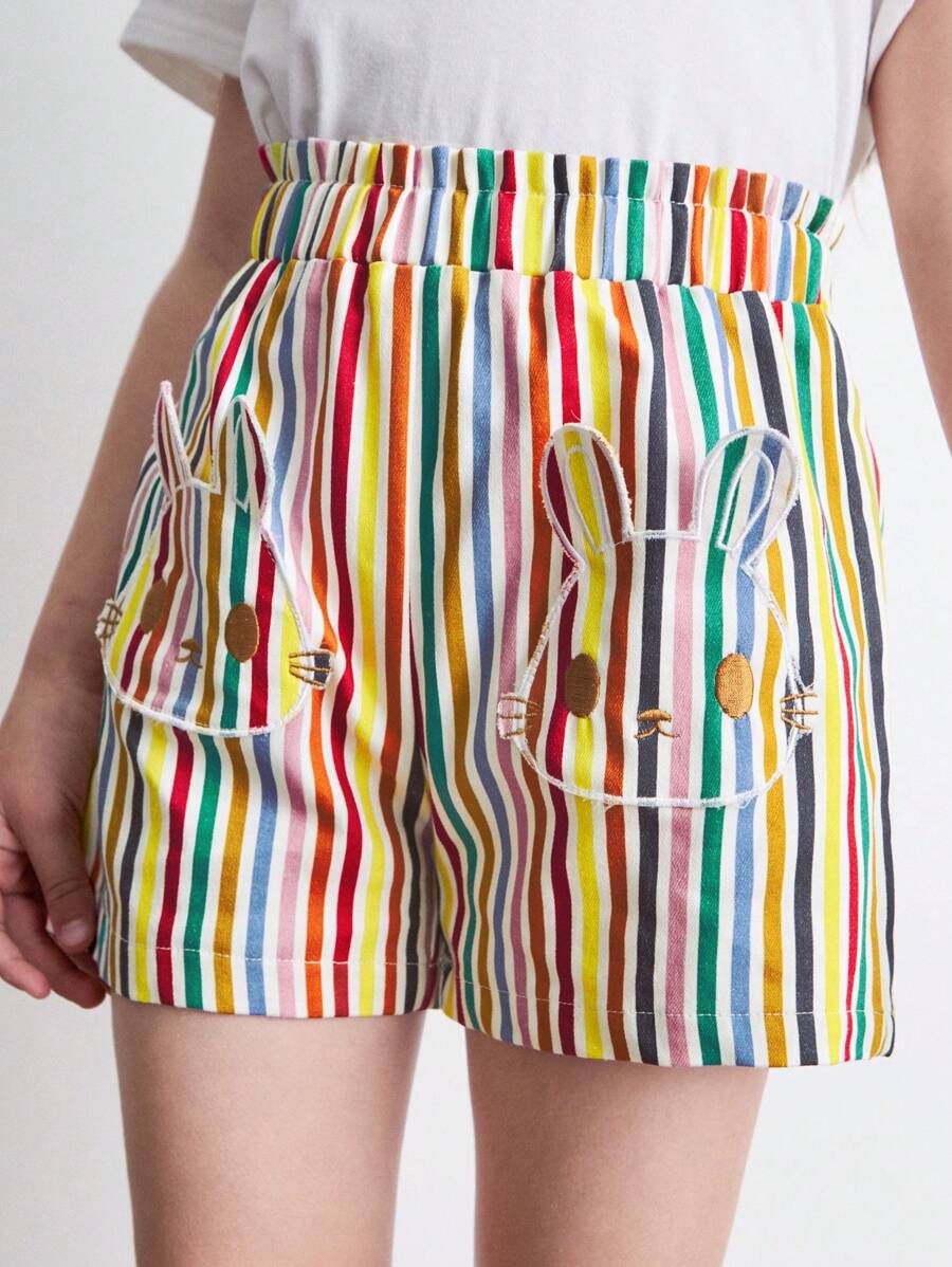 THE HAPPY LOOK Shorts con estampado de conejo de dibujos animados a rayas coloridas para niñas